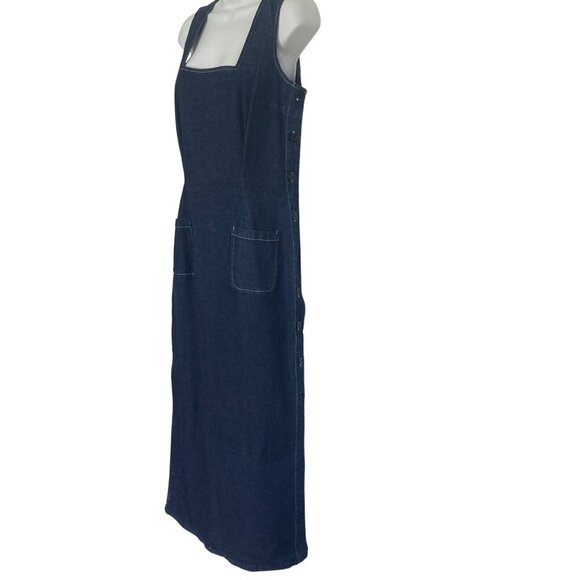 Vintage Boutique Europa Denim Maxi Dress 12 Side Buttons Pockets Stretch NWOT - Picture 3 of 11